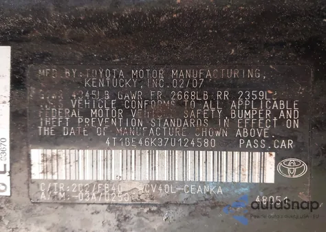 2007 Toyota Camry Le z USA, uszkodzony, nr VIN 4T1BE46K37U124580